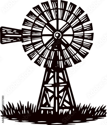 Vintage hand drawn windmill with detailed metal blades and wooden support standing on grassy ground illustration