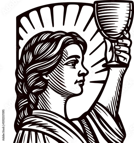 Engraved vintage illustration of woman holding chalice with radiant sunburst background in classical