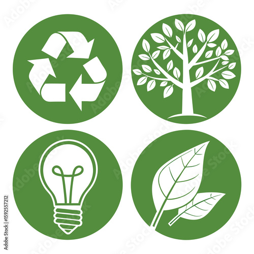 Eco friendly icons – recycle, tree, energy bulb, leaf, green vector set .