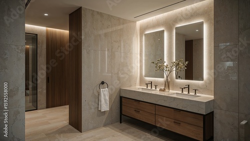Modern bathroom with double vanity and illuminated mirrors.