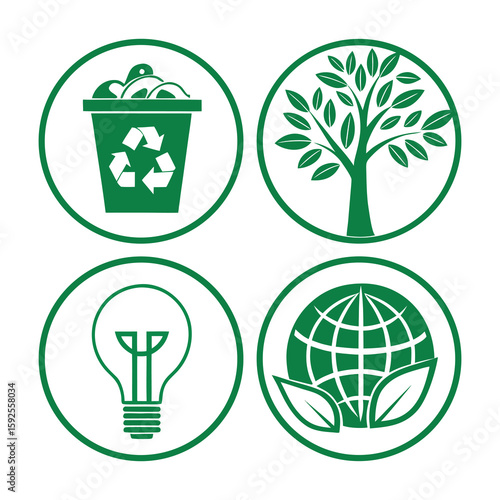 Eco friendly icons – recycle, tree, energy bulb, leaf, green vector set .