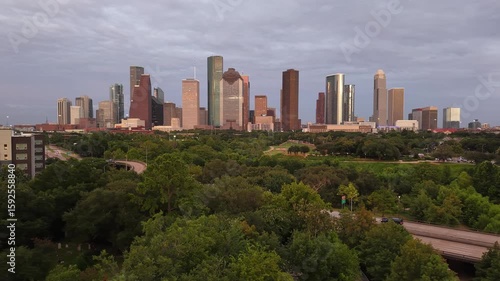 Downtown Houston, Texas, USA Drone Skyline Aerial Panorama At Sunset