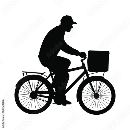 Silhouette illustration of a delivery man riding a bike, black and white vector isolated on white background