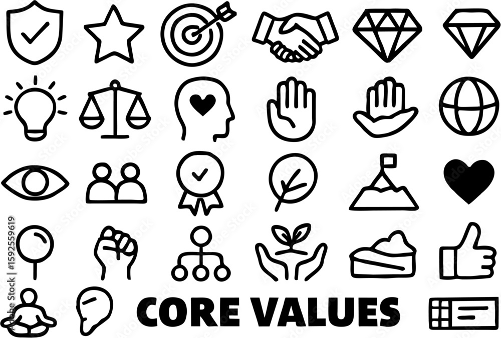 Fototapeta premium Core Values vector icon set illustrating principles like integrity, teamwork, trust, respect, responsibility, and innovation for business and personal development use.