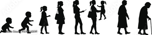 Human life stages silhouette from baby to elderly, aging timeline concept, generational growth, developmental progression, family journey, healthcare illustration