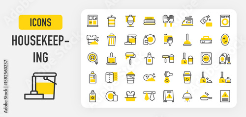 Housekeeping icons. Wet Floor, Towels, Laundry, Mirror, Electric Panel, Ceiling Lamp, Windows, Washing Dishes, Liquid Soap, Broom, Vacuum Cleaner, Wiping vector stroke illustration.	
