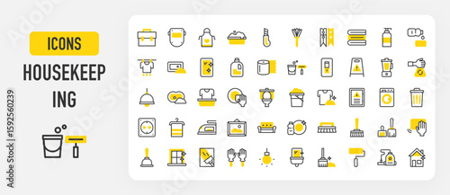 Housekeeping icons. Painting Roller, Welder, Washing Machine, Towel, Painting, Wet Floor, Cleaning, T Shirt, Liquid Soap, Electric Panel, Iron, Switch vector stroke illustration.	
