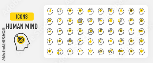 Human mind icons. Alert, Insecure, Protection, Security, Question, Analytics, Sad, Development, Brain, Sick, Happy vector stroke illustration.	
