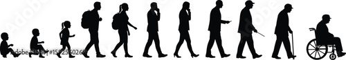 Human life stages silhouette from baby to elderly with wheelchair, aging progression, healthcare concept, generational development, support, education, inclusivity