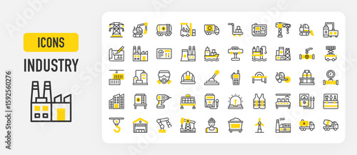 Industry icons. Architecture, Boiler, Control Lever, Control Panel, Robot Arm, Electric Generator, Petroleum, Factory, Wood Cutter, Cargo Ship vector stroke illustration.	
