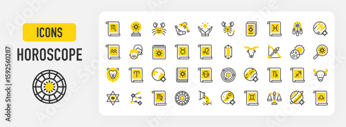 Horoscope icons. Water, Lion, Search, Scale, Tarot Card, Pisces, Taurus, Aquarius, Capricorn, Constellation, Crystal, Crystal Ball, Dreamcatcher, Earth vector stroke illustration.	
