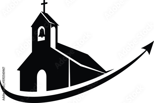 Church silhouette with arrow pointing up, religious growth symbol, faith progress concept, black vector illustration, spiritual development idea