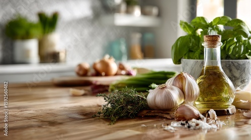 Fresh herb and garlic kitchen counter with olive oil and vegetables