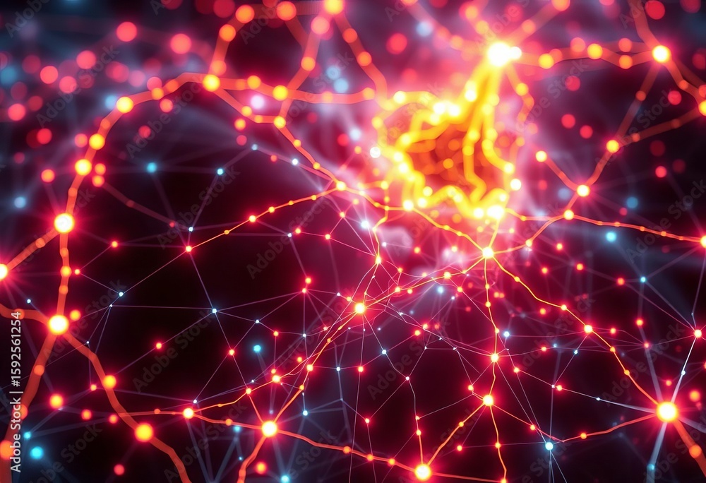 Fototapeta premium Abstract fractal pattern depicting interconnected nodes, glowing lines representing data flow within a technological landscape , innovation, visualization