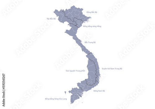 グレー色のベトナムの行政区分地図（ベトナム語の地名記載）　（Map of  Vietnam in Vietnamese）
