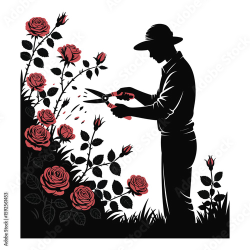 Silhouette illustration of a gardener pruning plants, black and white vector isolated on white background