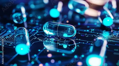 Digital pills placed on a circuit board represent the intersection of technology and healthcare.