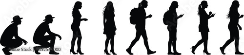 Evolution of human posture and technology, silhouette progression concept, people using smartphones, modern lifestyle, digital behavior, movement and awareness