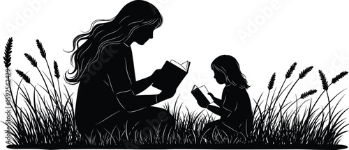 Mother and child reading in nature, silhouette concept for education, family bonding, outdoor learning, peaceful moment, parental love, wheat field