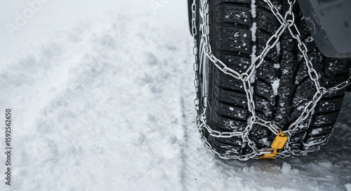 Car tire with snow chains on snowy ground for winter safety