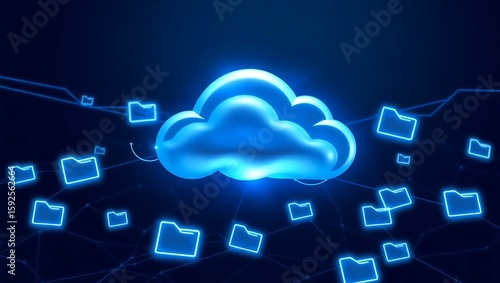 Glowing cloud surrounded by glowing folders connected by lines on a dark blue background
