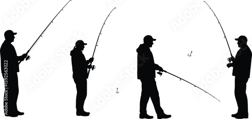 Silhouette of anglers fishing, recreational outdoor sport, casting lines with hooks, leisure activity illustration, black and white vector design