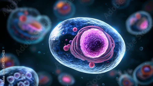 Single transparent cell with visible nucleus and organelles floating in dark fluid with other cells blurred in background. Concept of biological structure and life formation