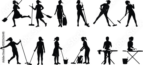 Silhouette of people cleaning, sweeping, vacuuming, mopping, ironing clothes, teamwork housework concept, domestic chores vector illustration, black design elements