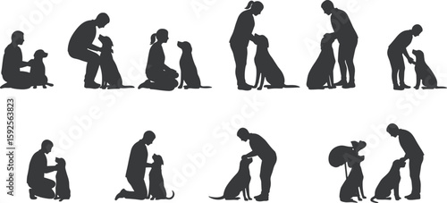 Silhouette of people with dogs, pet training and bonding activity, animal care concept, companionship illustration, obedience and interaction vector design
