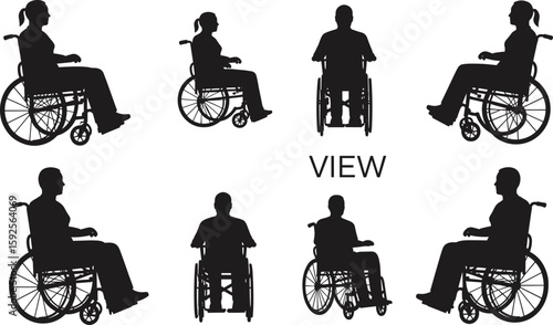 Silhouette of wheelchair users, inclusive mobility concept, healthcare accessibility design, disability representation, diverse perspectives vector illustration, medical support imagery