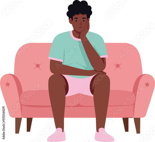 Young man sitting thoughtfully on pink couch in casual home setting vector illustration 