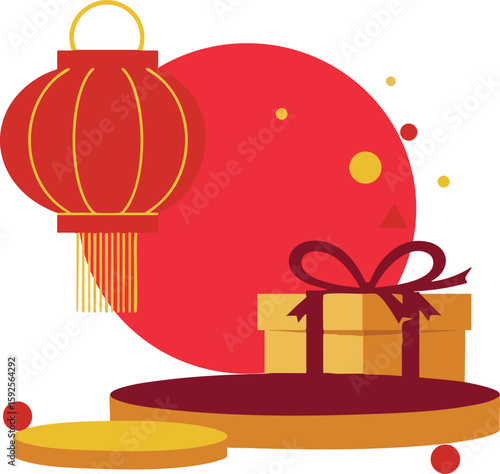 Red lantern and gift box with yellow ribbons on circular platforms vector illustration for celebration and festive occasion decoration 