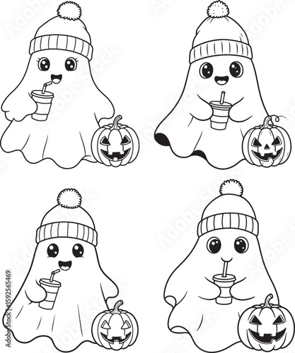 Cute halloween ghosts wearing beanies and drinking silhouette