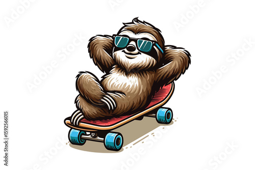 A sloth on a skateboard, looking super relaxed and carefree Vector Design, isolated on a white background 