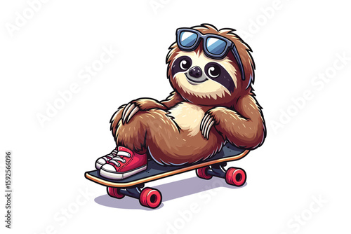 A sloth on a skateboard, looking super relaxed and carefree Vector Design, isolated on a white background 