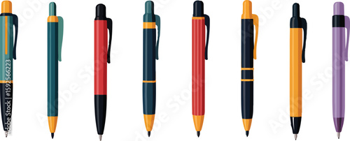 Assorted colorful pens with clips and metallic tips writing stationery vector bundle collection set pack template elements icons clipart illustration editable flat minimal modern banner poster png eps