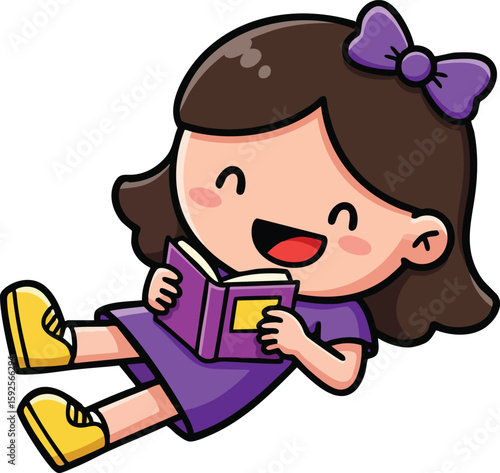 Little girl with purple dress and bow reading book happily in cartoon style vector illustration 