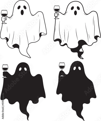 Two happy ghosts holding wine glasses silhouette