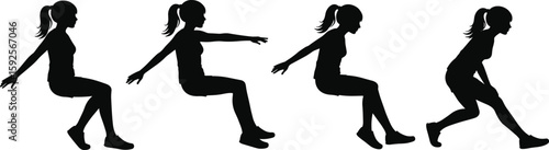 Silhouettes of woman doing squat exercises, fitness training sequence, bodyweight workout routine, strength movement concept, health and wellness illustration