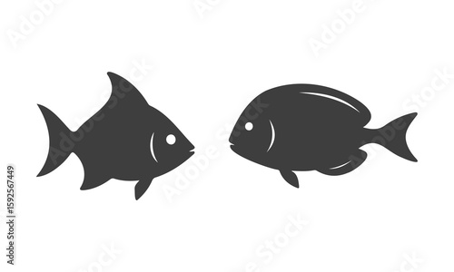 Two Fishes black silhouettes Vector, Deep ocean Sea small fishs, flounder, pufferfish, shark, marine Life, Sea food.