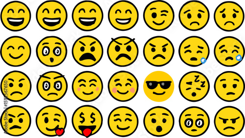 Emoji glyphs icon set featuring expressive faces, symbols, gestures, and moods in modern flat style—perfect for chat apps, social media, and UX design projects.

