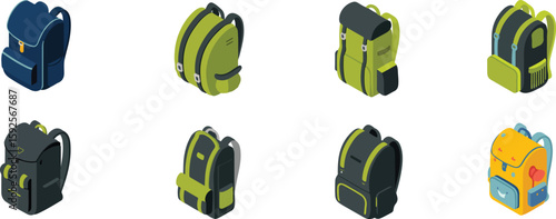 Assortment of colorful backpacks displayed in isometric view blue green vector bundle collection set pack template elements icons clipart illustration editable flat minimal modern banner poster png ep