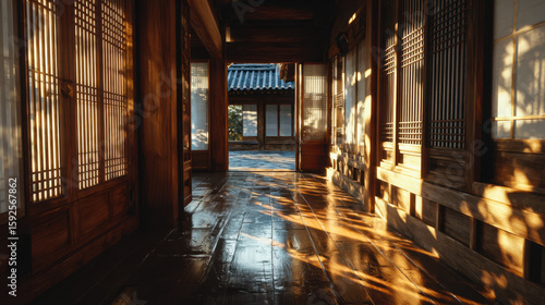 Sunlit wooden corridor with traditional sliding doors in a Korean hanok