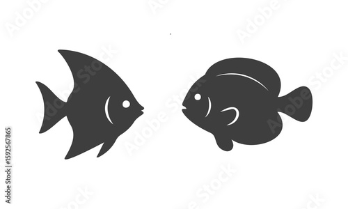 Two Fishes black silhouettes Vector, Deep ocean Sea small fishs, flounder, pufferfish, shark, marine Life, Sea food.