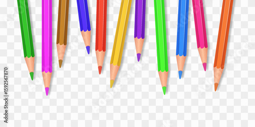 Vector set of colored pencils png. Back to school. Realistic set pencils for draw. Drawing collection for artwork. Vector illustration isolated on transparent background.