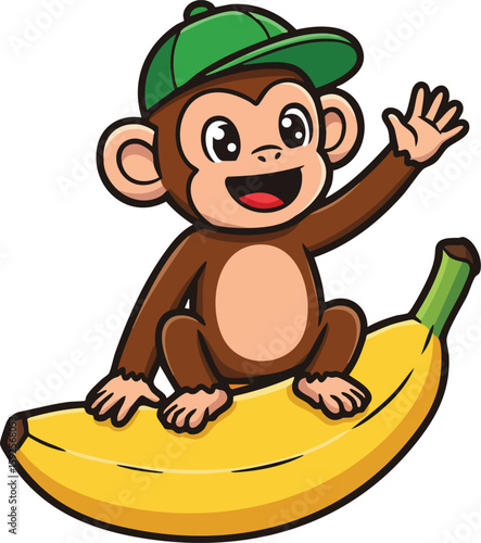 Cute cartoon monkey wearing green cap happily sitting on large yellow banana vector illustration 