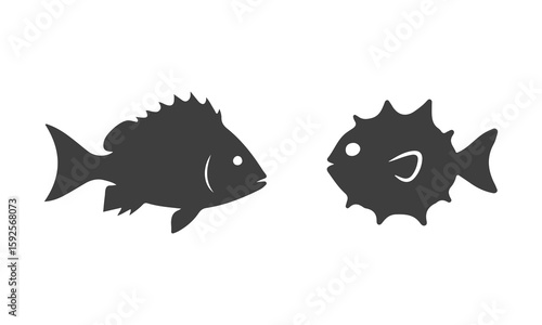 Two Fishes black silhouettes Vector, Deep ocean Sea small fishs, flounder, pufferfish, shark, marine Life, Sea food.