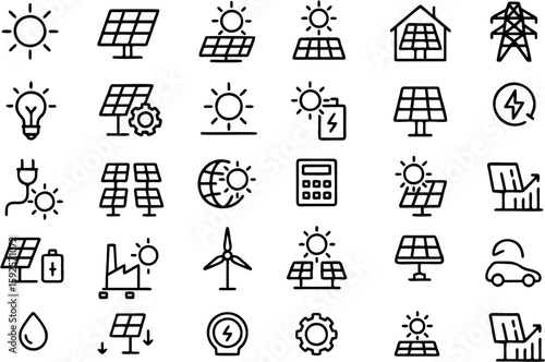 Clean and modern solar energy icon set featuring solar panels, sun, batteries, power inverters, eco energy, and green technology concepts in vector style.

