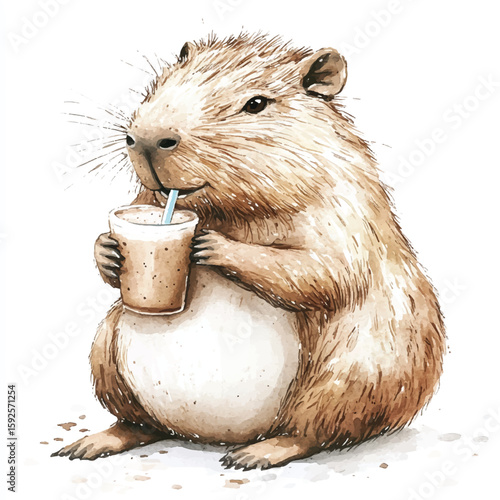 Watercolor Capybara Enjoying a Beverage with a Blue Straw Smiling Contentedly
