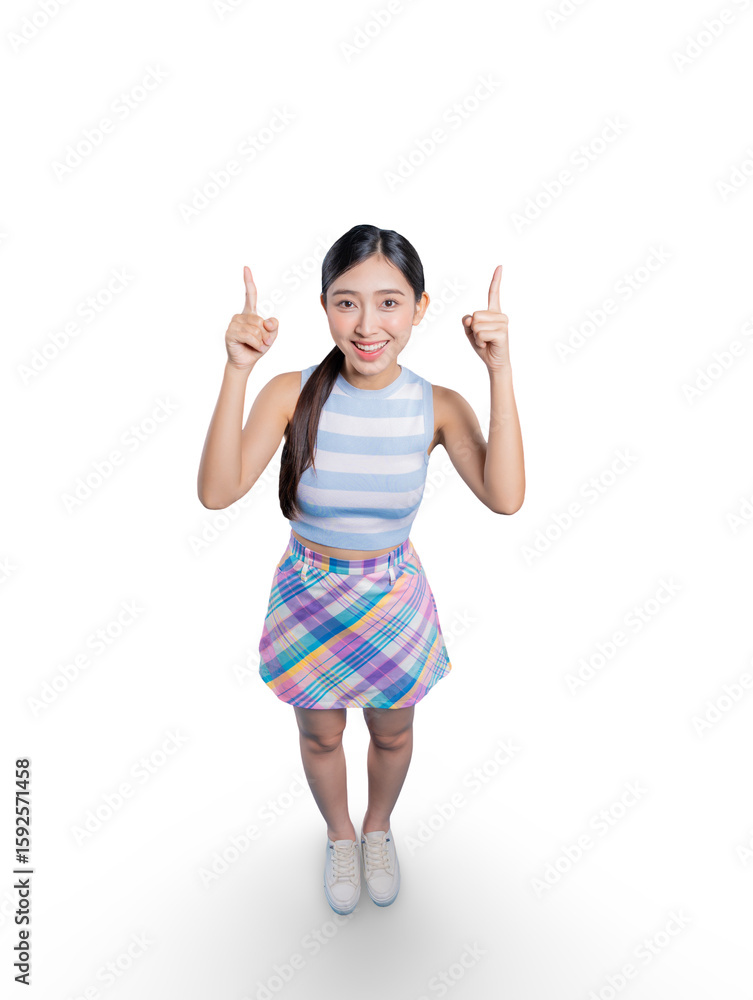 An excited young Asian woman from a high angle, pointing upwards with both hands to draw attention to something above.on png
An excited young Asian woman from a high angle, pointing upwards with both hands to draw attention to something above.on png